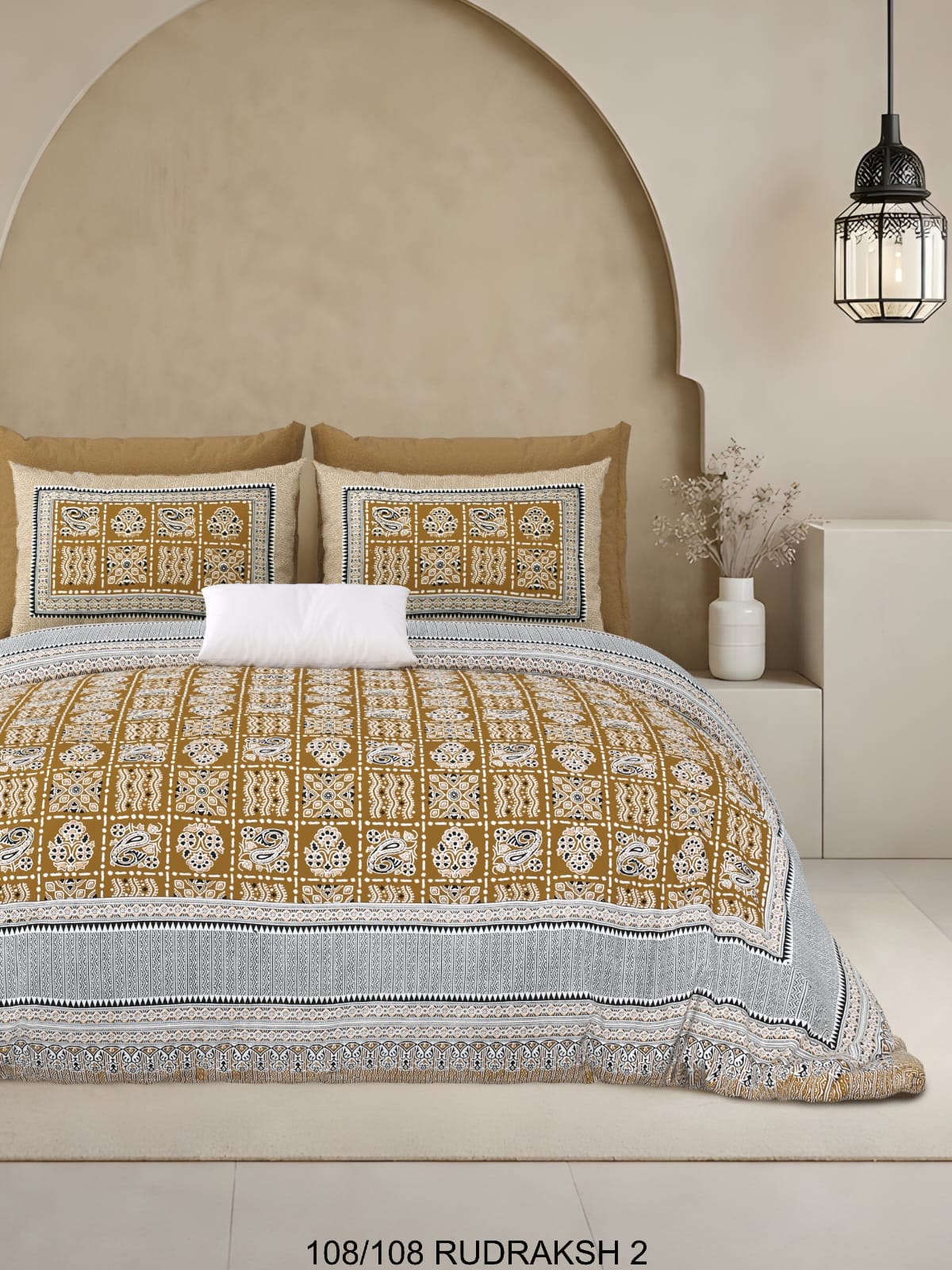 Ajrak Print King Size Cotton Viscose Blend Bedsheet with 2 Pillow Covers | 108x108 Inches