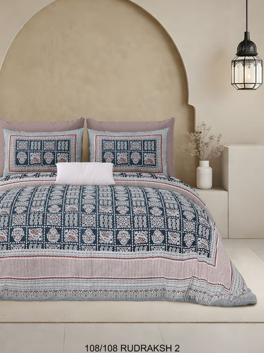 Ajrak Print King Size Cotton Viscose Blend Bedsheet with 2 Pillow Covers | 108x108 Inches