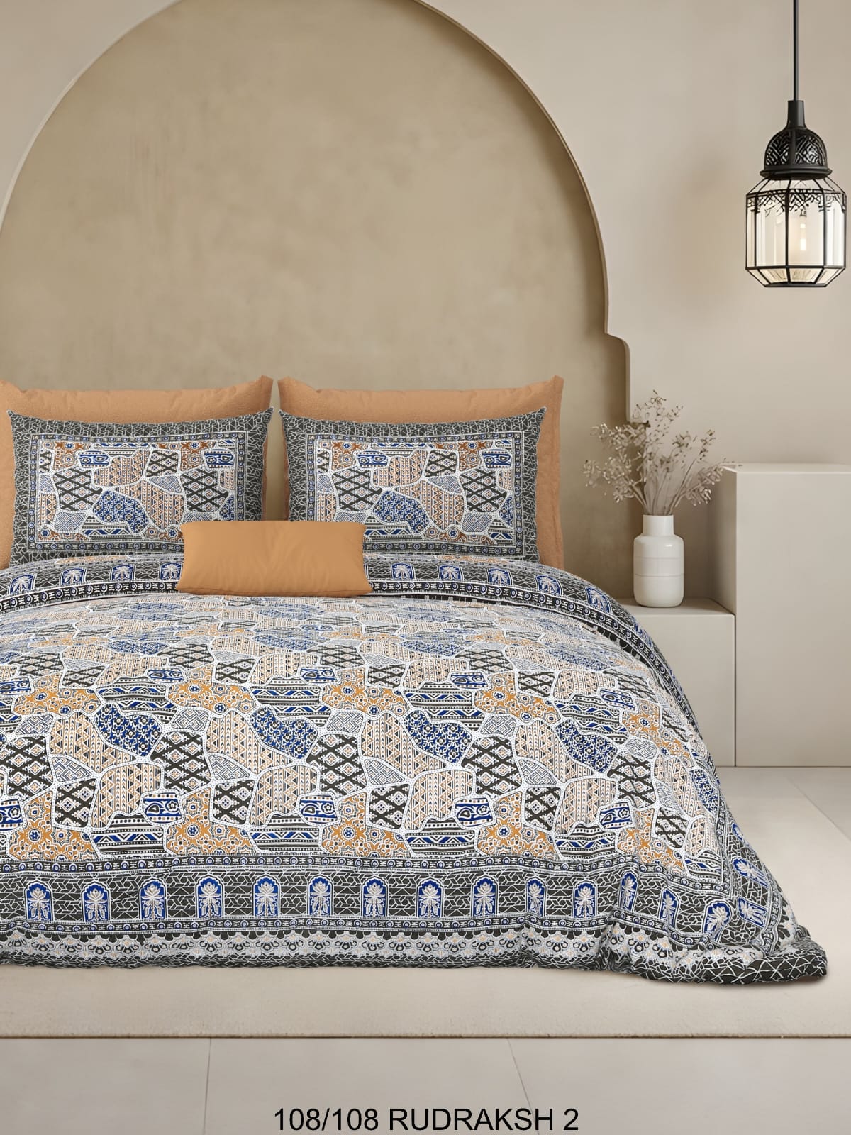 Ajrak Print King Size Cotton Viscose Blend Bedsheet with 2 Pillow Covers | 108x108 Inches