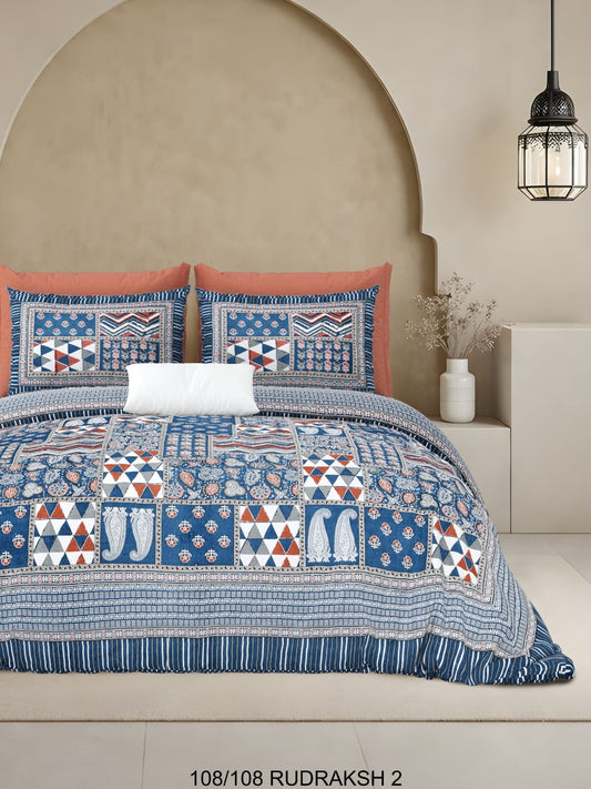 Ajrak Print King Size Cotton Viscose Blend Bedsheet with 2 Pillow Covers | 108x108 Inches
