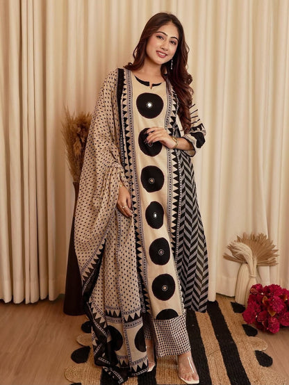 Ajrakh Cotton Suit Set with Mirror & Kantha Work and Printed Dupatta