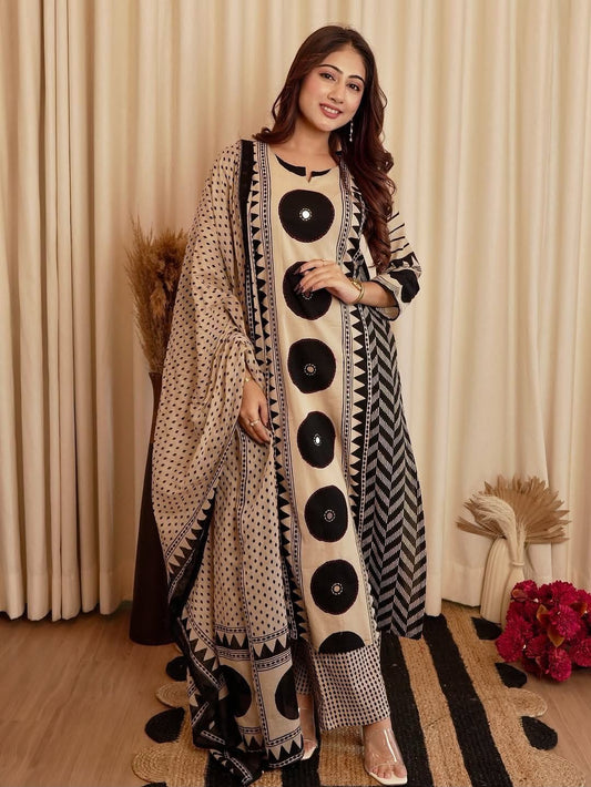 Ajrakh Cotton Suit Set with Mirror & Kantha Work and Printed Dupatta
