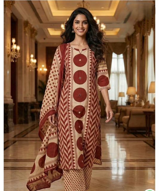 Ajrakh Cotton Suit Set with Mirror & Kantha Work and Printed Dupatta