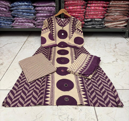 Ajrakh Cotton Suit Set with Mirror & Kantha Work and Printed Dupatta