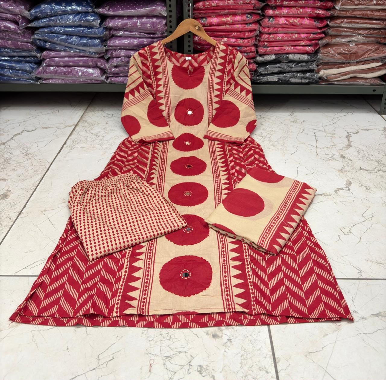 Ajrakh Cotton Suit Set with Mirror & Kantha Work and Printed Dupatta