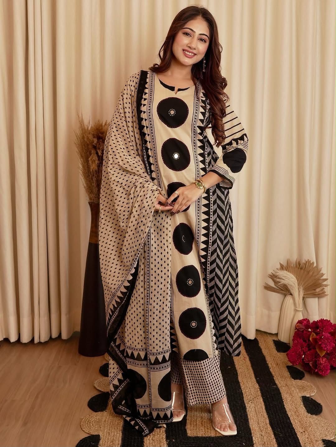 Ajrakh Cotton Suit Set with Mirror & Kantha Work and Printed Dupatta