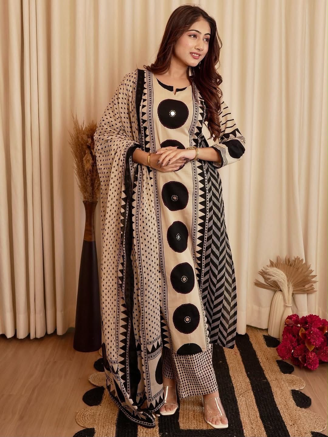 Ajrakh Cotton Suit Set with Mirror & Kantha Work and Printed Dupatta