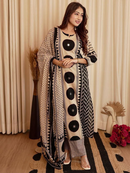 Ajrakh Cotton Suit Set with Mirror & Kantha Work and Printed Dupatta