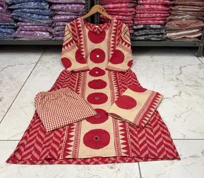 Ajrakh Cotton Suit Set with Mirror & Kantha Work and Printed Dupatta