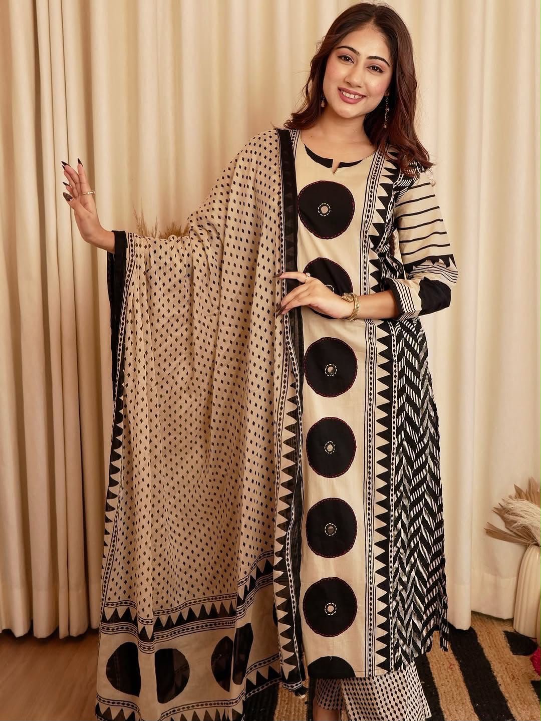 Ajrakh Cotton Suit Set with Mirror & Kantha Work and Printed Dupatta