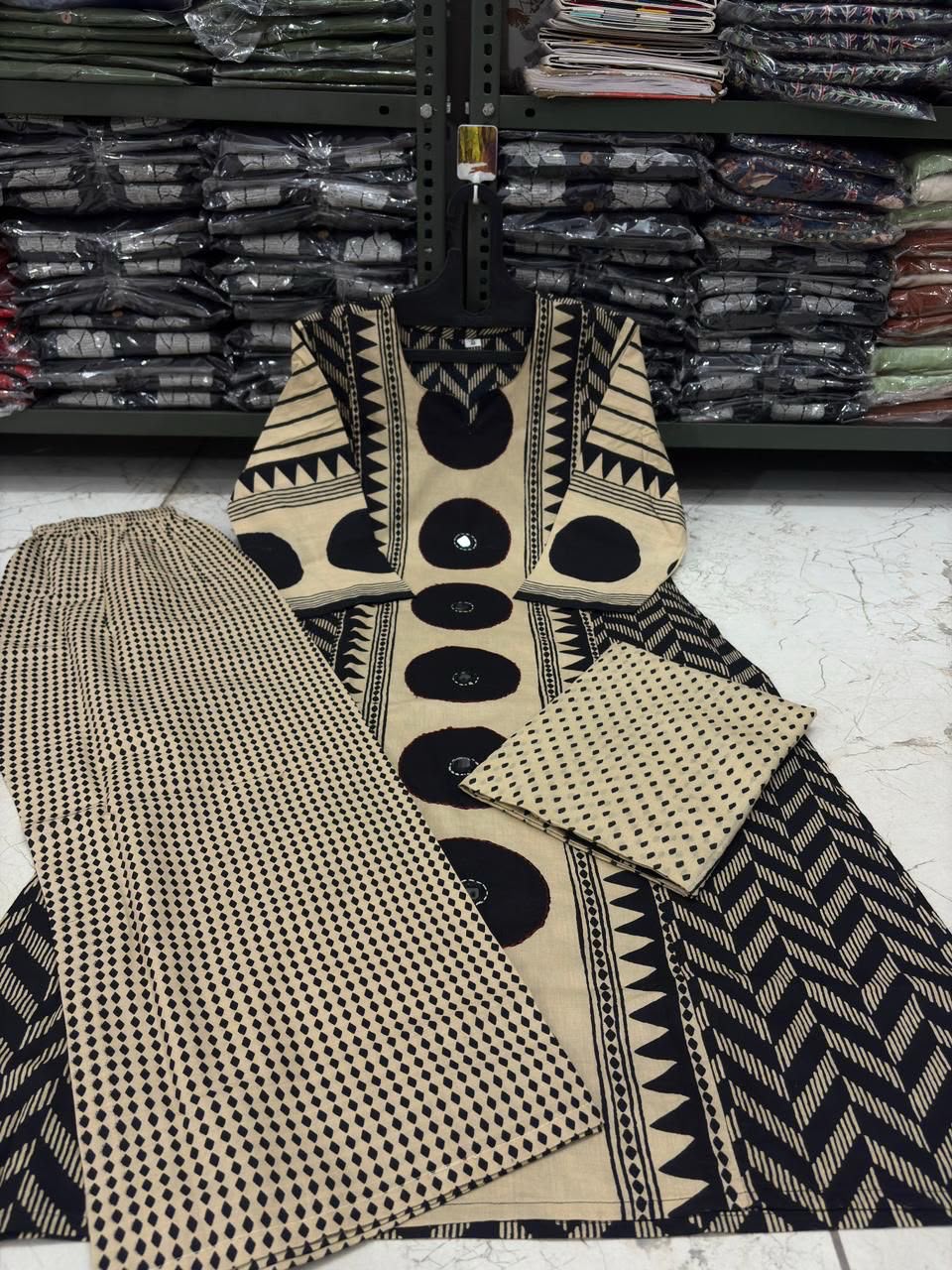 Ajrakh Cotton Suit Set with Mirror & Kantha Work and Printed Dupatta