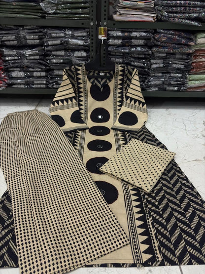 Ajrakh Cotton Suit Set with Mirror & Kantha Work and Printed Dupatta