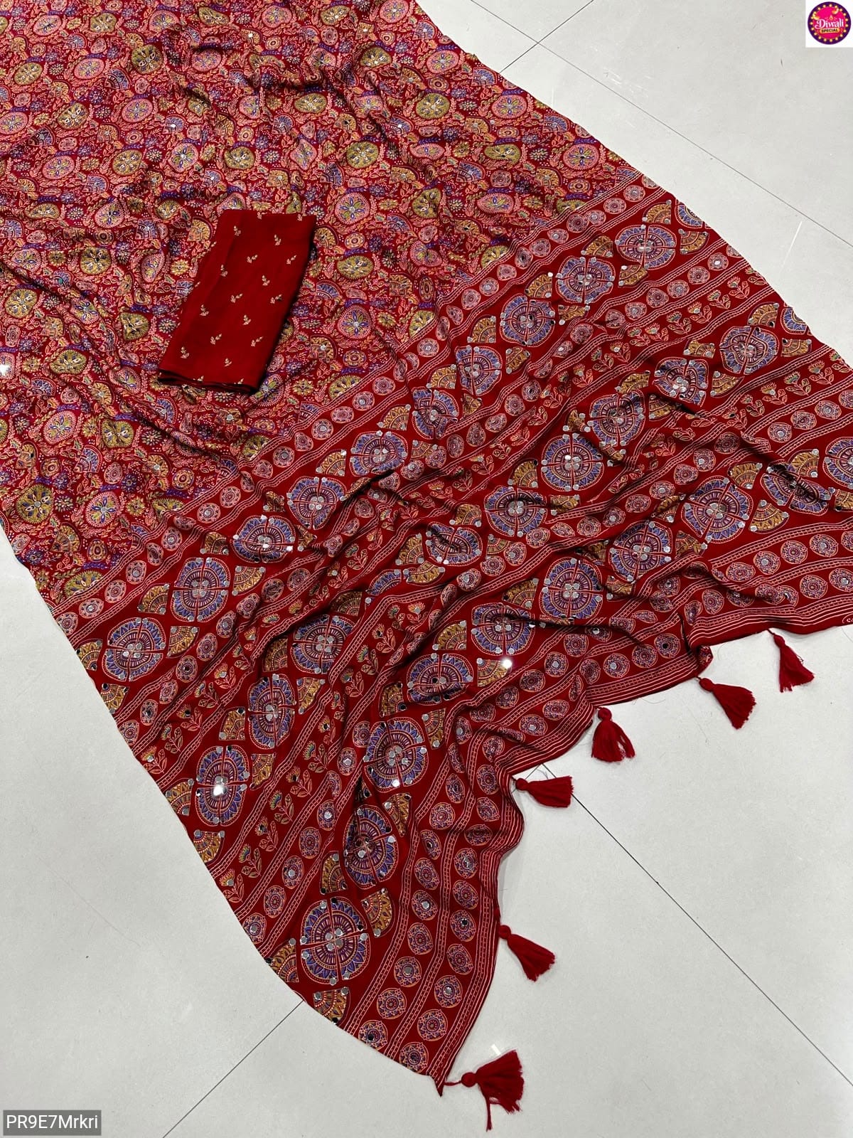 Ajrakh Print Viscose Silk Saree with Mirror Work & Lace Border