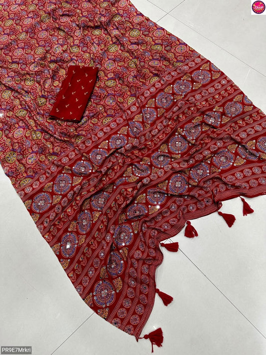 Ajrakh Print Viscose Silk Saree with Mirror Work & Lace Border