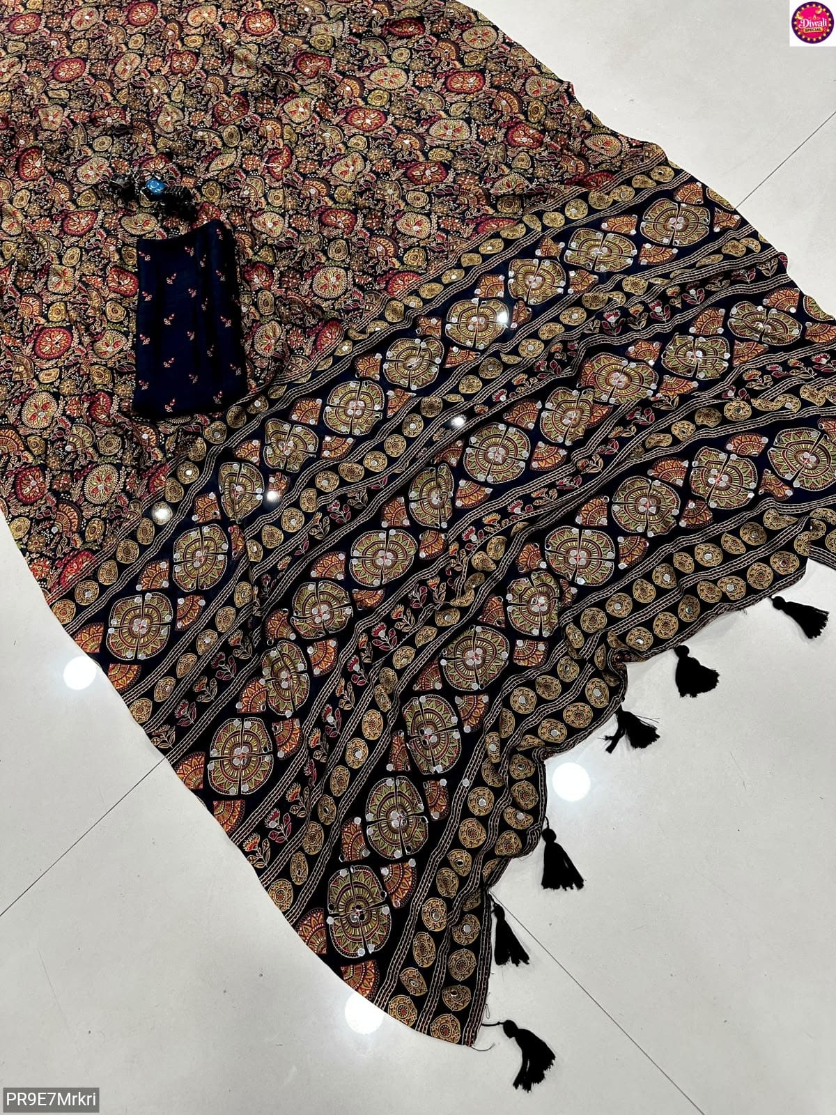 Ajrakh Print Viscose Silk Saree with Mirror Work & Lace Border