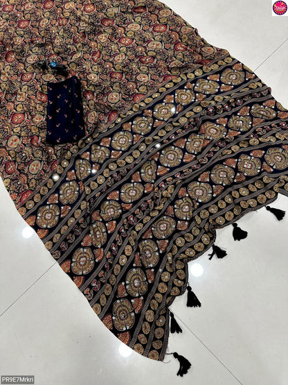 Ajrakh Print Viscose Silk Saree with Mirror Work & Lace Border