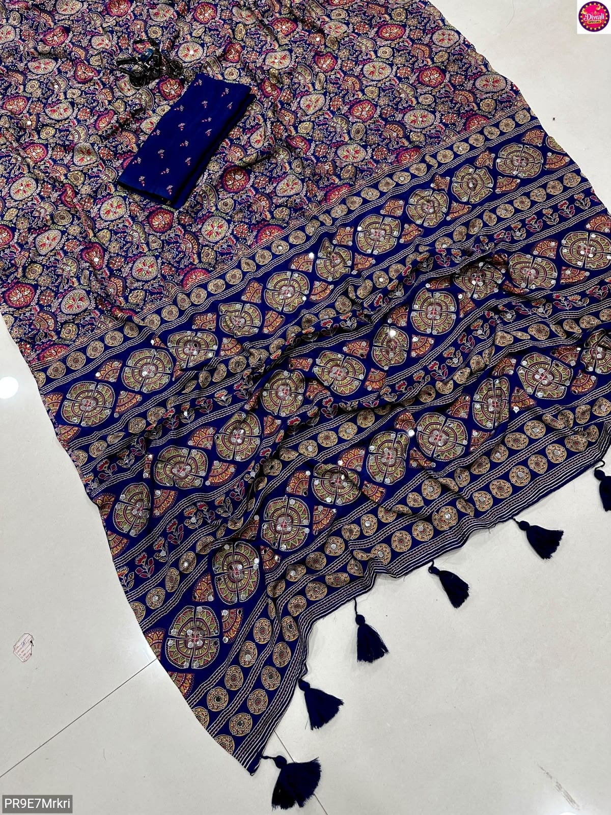 Ajrakh Print Viscose Silk Saree with Mirror Work & Lace Border