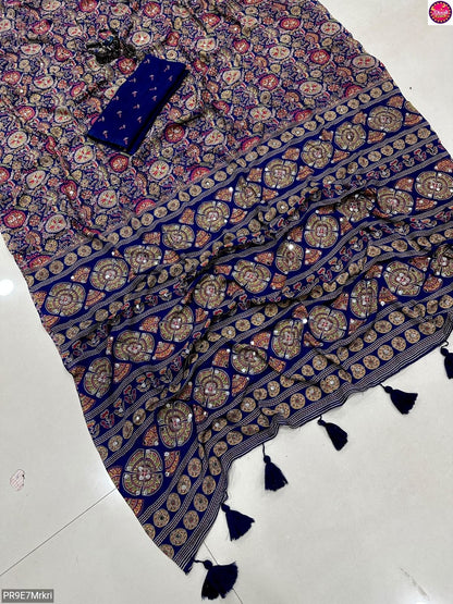 Ajrakh Print Viscose Silk Saree with Mirror Work & Lace Border