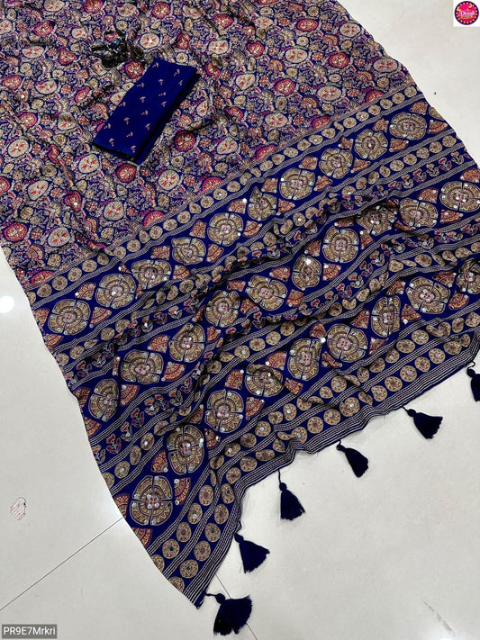 Ajrakh Print Viscose Silk Saree with Mirror Work & Lace Border