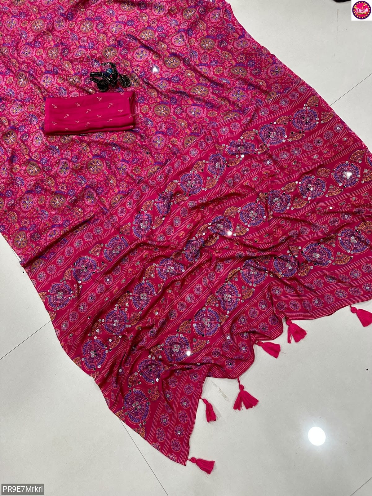 Ajrakh Print Viscose Silk Saree with Mirror Work & Lace Border
