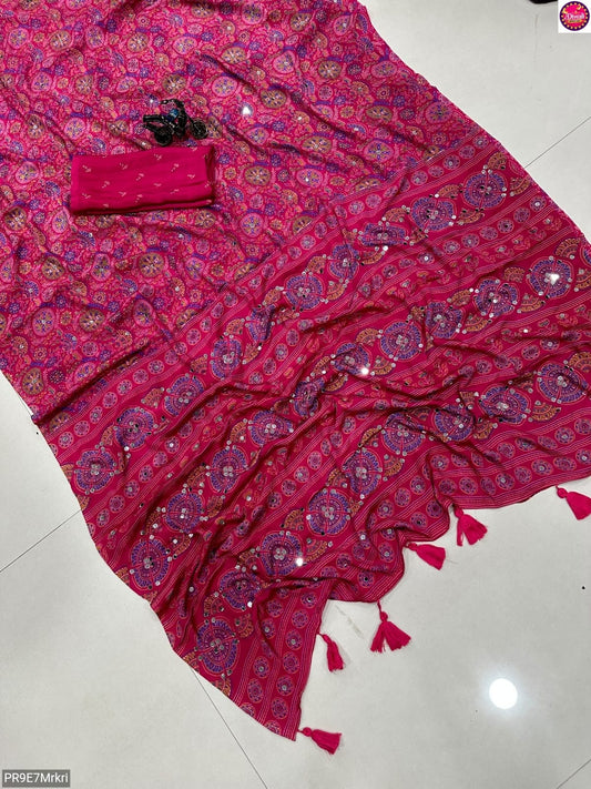 Ajrakh Print Viscose Silk Saree with Mirror Work & Lace Border