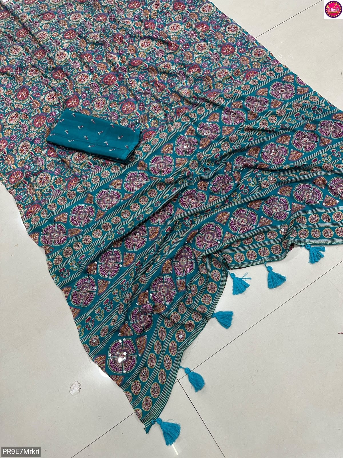 Ajrakh Print Viscose Silk Saree with Mirror Work & Lace Border