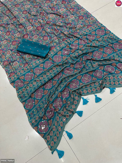 Ajrakh Print Viscose Silk Saree with Mirror Work & Lace Border