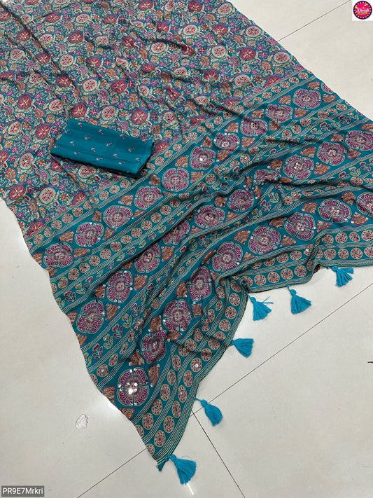 Ajrakh Print Viscose Silk Saree with Mirror Work & Lace Border
