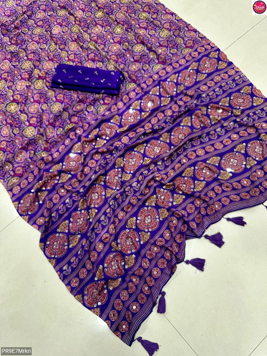 Ajrakh Print Viscose Silk Saree with Mirror Work & Lace Border