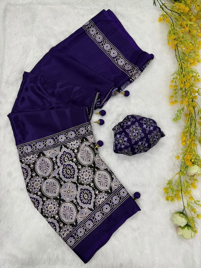 Ajrakh Printed Crepe Gajji Silk Saree with Blouse | 6.30 Mtr