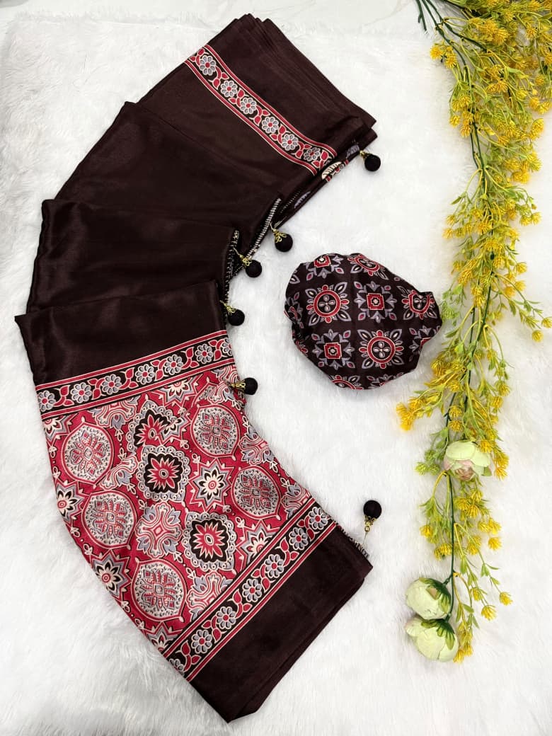 Ajrakh Printed Crepe Gajji Silk Saree with Blouse | 6.30 Mtr