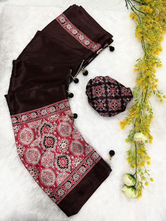 Ajrakh Printed Crepe Gajji Silk Saree with Blouse | 6.30 Mtr