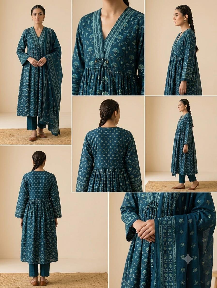 Ajrakh Taj Cotton Suit Set with Pant & Cotton Dupatta | 3-Piece Set