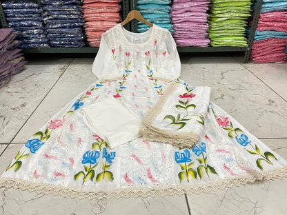 Anarkali Chicken Shifli Printed Cotton Kurti Pant Dupatta Set