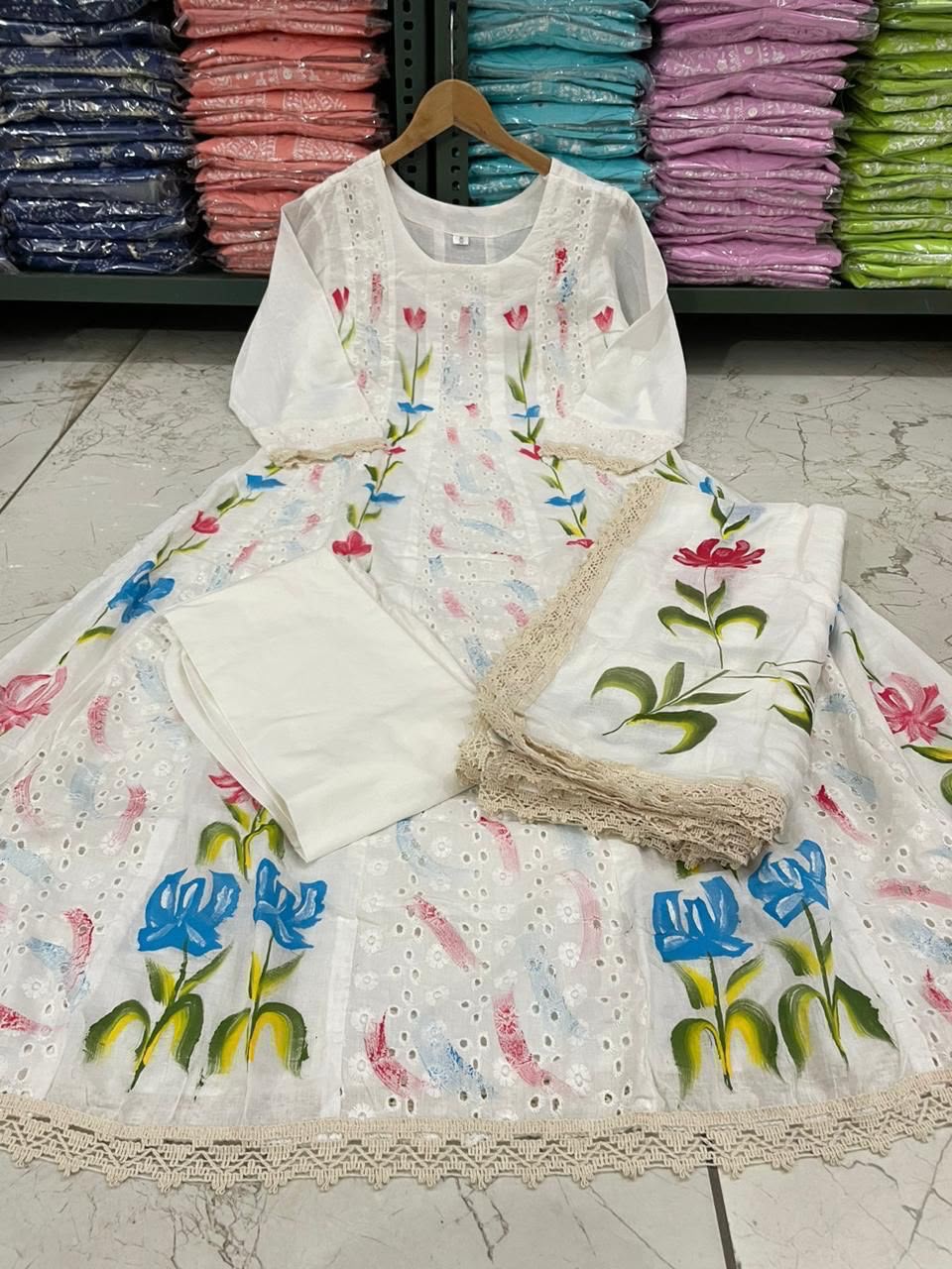 Anarkali Chicken Shifli Printed Cotton Kurti Pant Dupatta Set