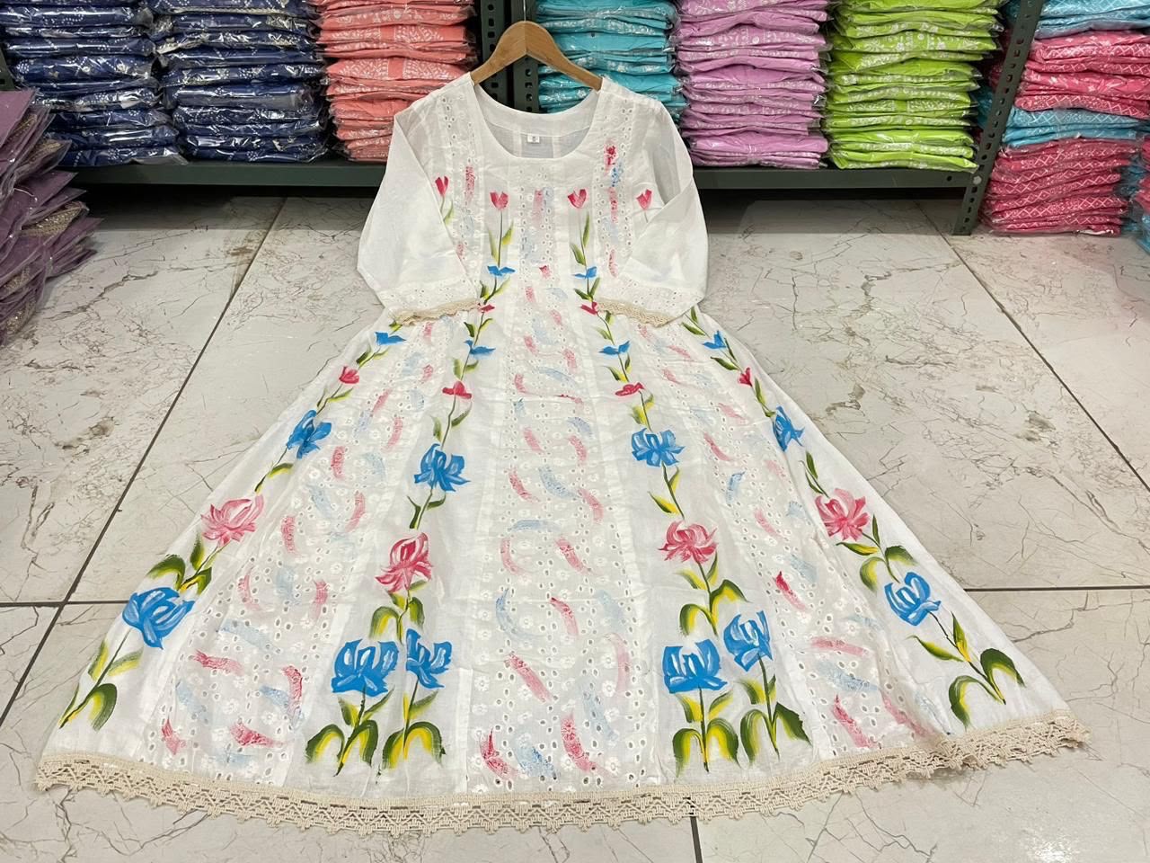 Anarkali Chicken Shifli Printed Cotton Kurti Pant Dupatta Set
