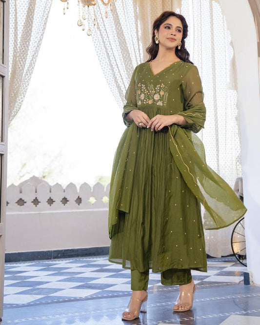 Anarkali Cotton Kurta Pant Set with Embroidery & Cutwork Dupatta