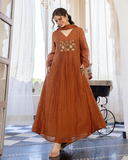 Anarkali Cotton Kurta Pant Set with Embroidery & Cutwork Dupatta