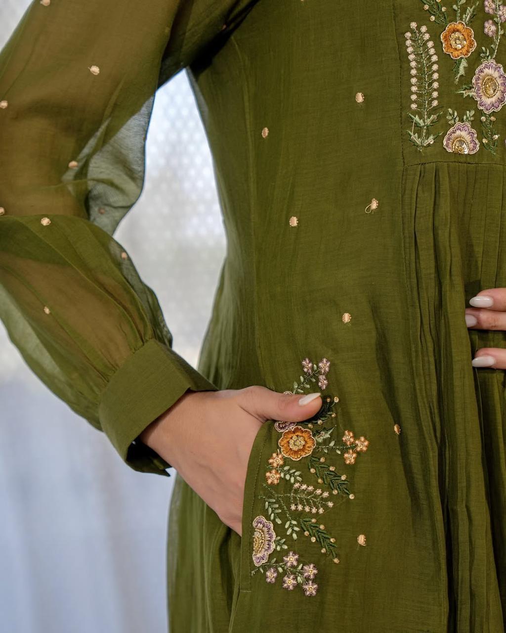 Anarkali Cotton Kurta Pant Set with Embroidery & Cutwork Dupatta