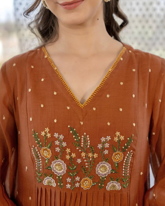 Anarkali Cotton Kurta Pant Set with Embroidery & Cutwork Dupatta