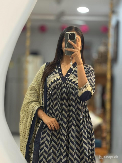 Anarkali Kurti Set with Mirror Work in Cotton 60*60 Fabric