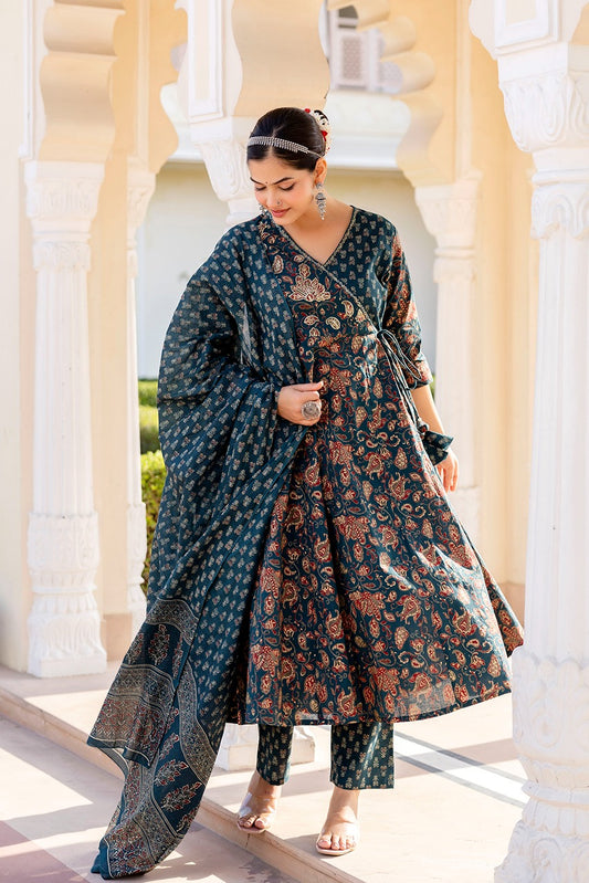 Angrakha Suit with Sanganeri Block Print - Cotton Kurta Set