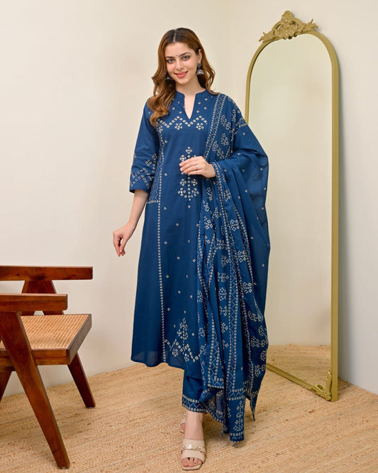 Azure Noor Bandhej Print A-Line Cotton Suit Set with Dupatta