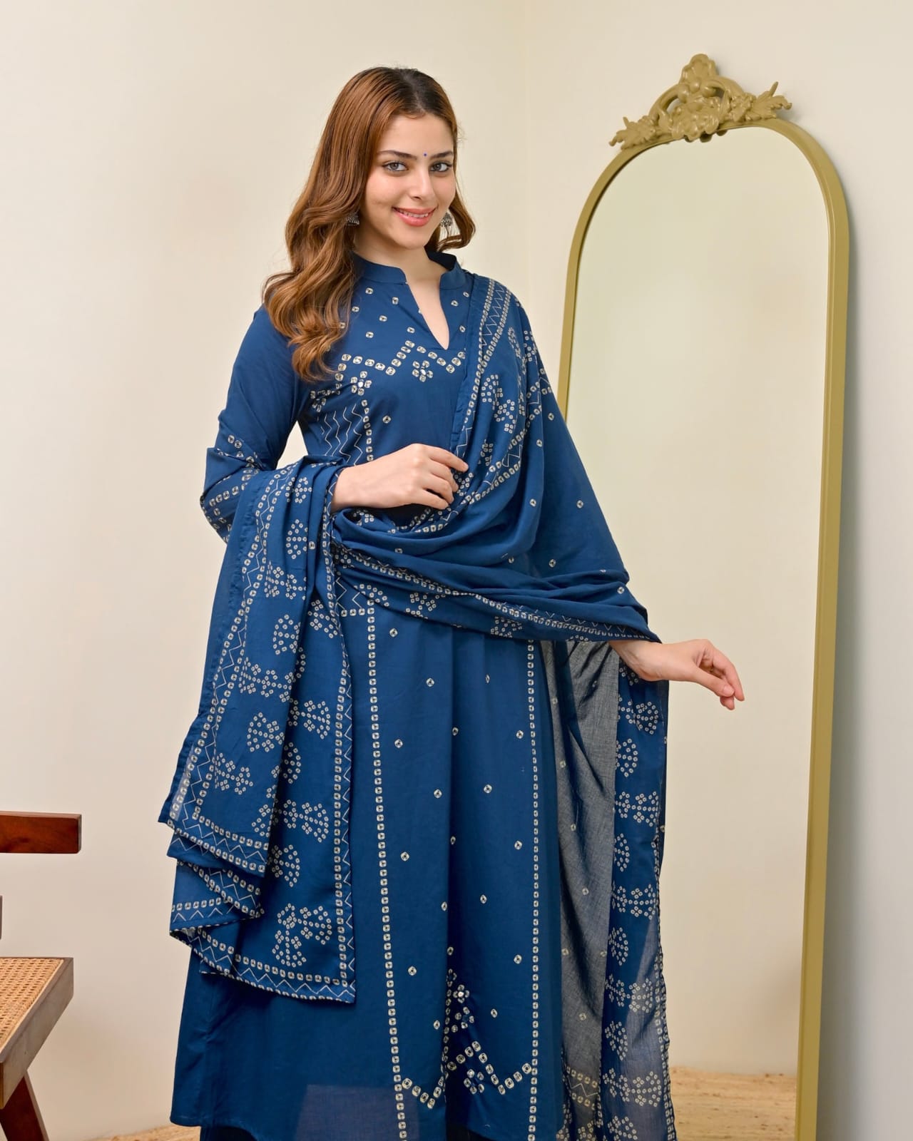 Azure Noor Bandhej Print A-Line Cotton Suit Set with Dupatta