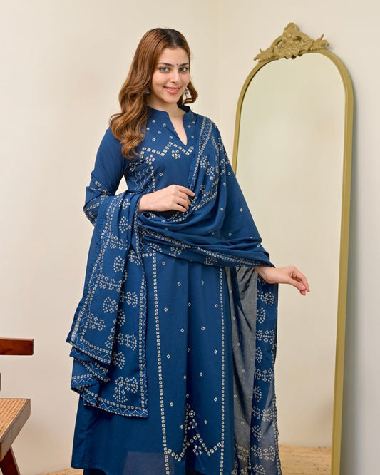 Azure Noor Bandhej Print A-Line Cotton Suit Set with Dupatta