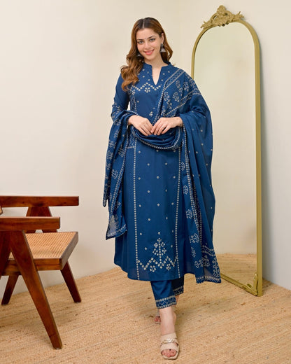Azure Noor Bandhej Print A-Line Cotton Suit Set with Dupatta