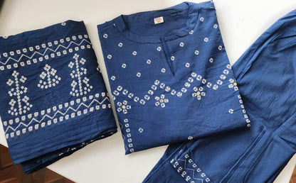 Azure Noor Bandhej Print A-Line Cotton Suit Set with Dupatta