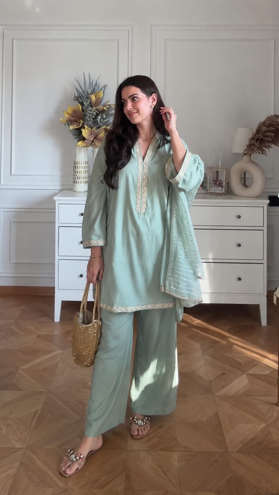 Banana Silk Palazzo Suit Set with Jacquard Weaving Dupatta | 3-Piece Set