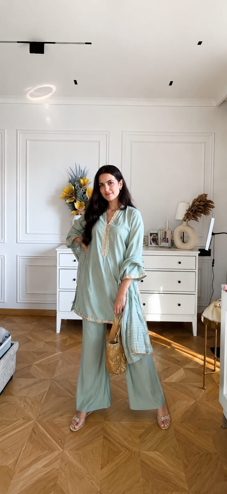 Banana Silk Palazzo Suit Set with Jacquard Weaving Dupatta | 3-Piece Set