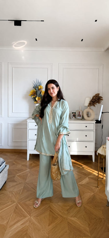 Banana Silk Palazzo Suit Set with Jacquard Weaving Dupatta | 3-Piece Set
